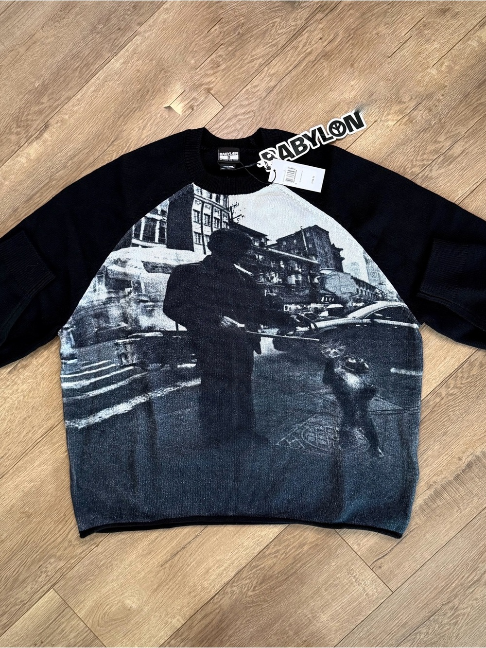 BABYLON Photograph Knit Crewneck Raglan Sweater Size Small Boxy Fit